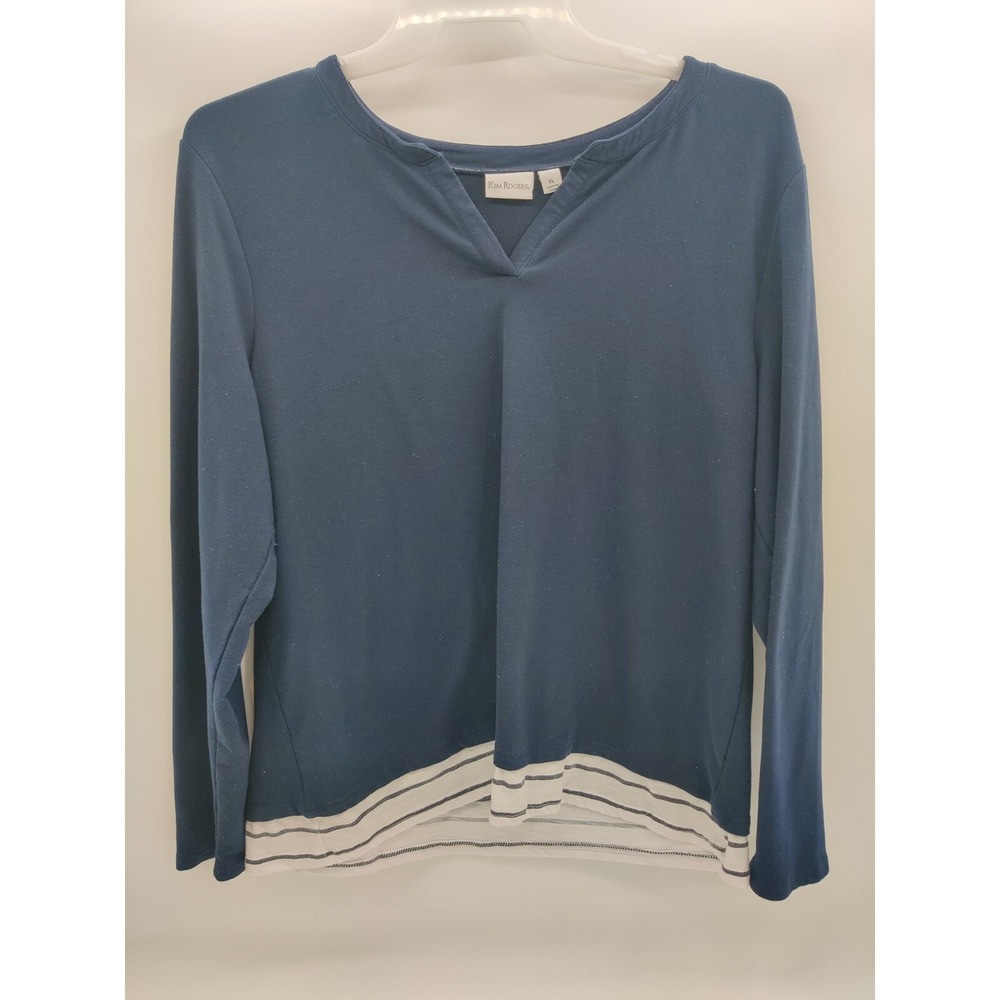 Kim Rogers Womens Long Sleeve Vโ Neck Tunic Top Striped Hem Navy Blue XL